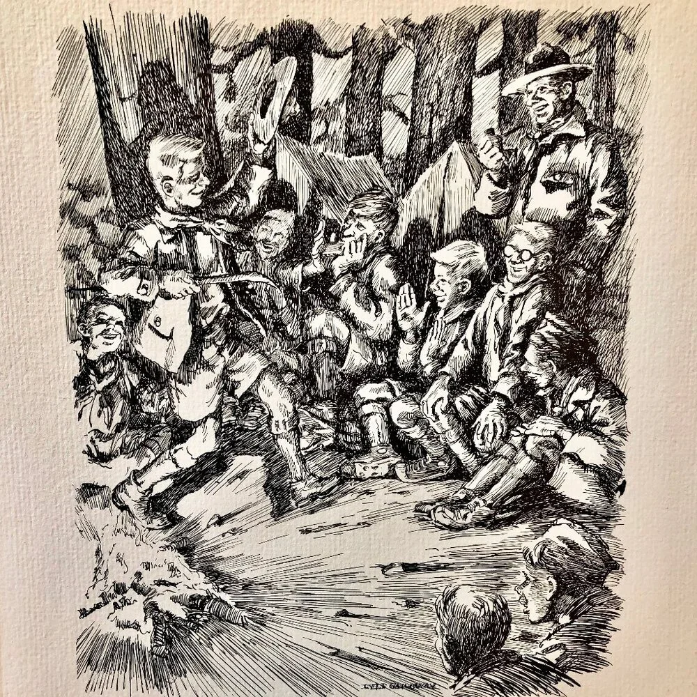 Vintage 1968 Lyle Galloway Pen & Ink Print Boy Scout Good Turn Days